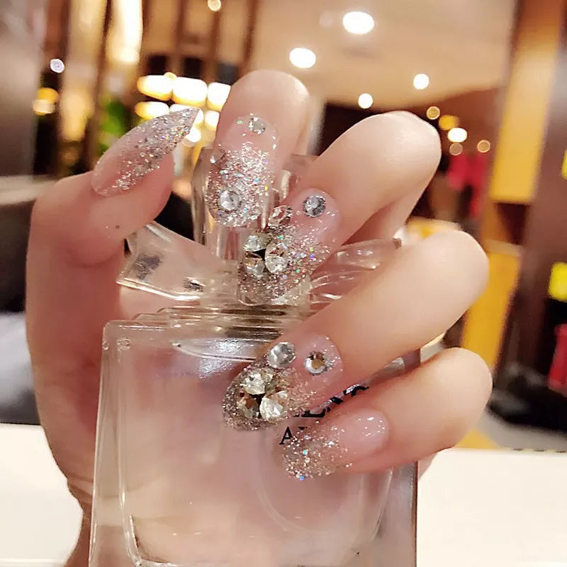 24pcs False Nails Floral Beads Decorated Artificial Nail Tips Bride Reusable Fingernails Fake Nail Press on Nail накладные ногти