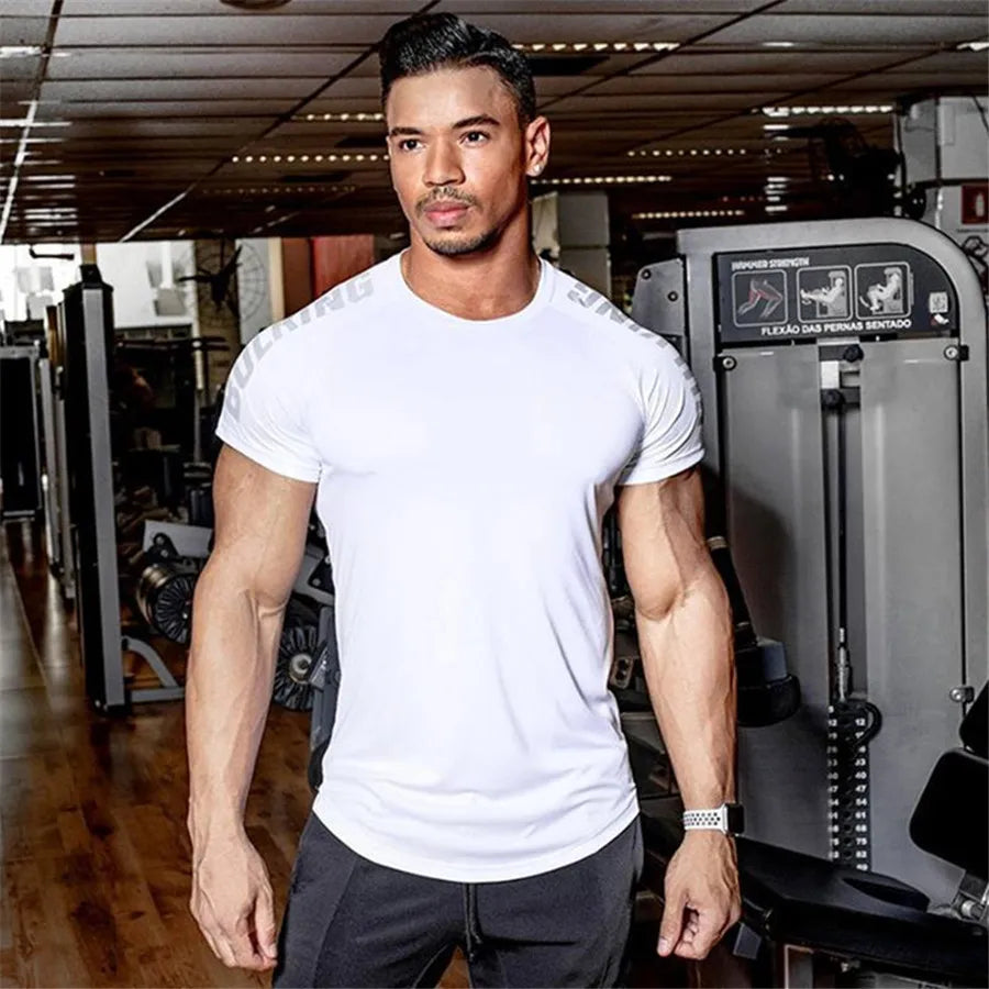 Compression Quick Dry T-Shirt Men Running Sport Skinny Short Tee Shirt Male Gym Fitness Bodybuilding Workout Black Tops Clothing