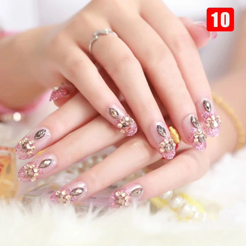 24pcs False Nails Floral Beads Decorated Artificial Nail Tips Bride Reusable Fingernails Fake Nail Press on Nail накладные ногти