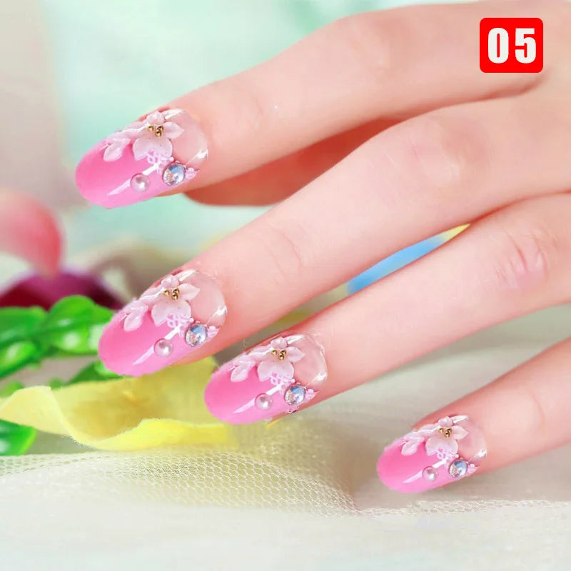 24pcs False Nails Floral Beads Decorated Artificial Nail Tips Bride Reusable Fingernails Fake Nail Press on Nail накладные ногти