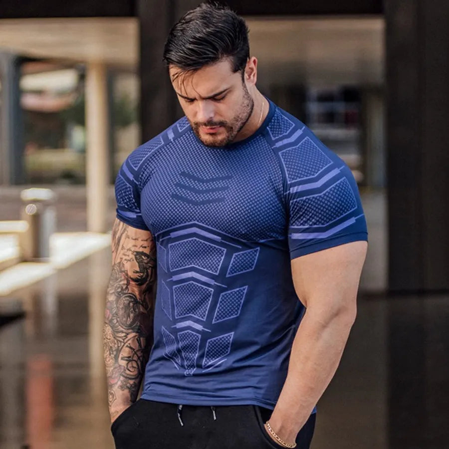 Compression Quick Dry T-Shirt Men Running Sport Skinny Short Tee Shirt Male Gym Fitness Bodybuilding Workout Black Tops Clothing