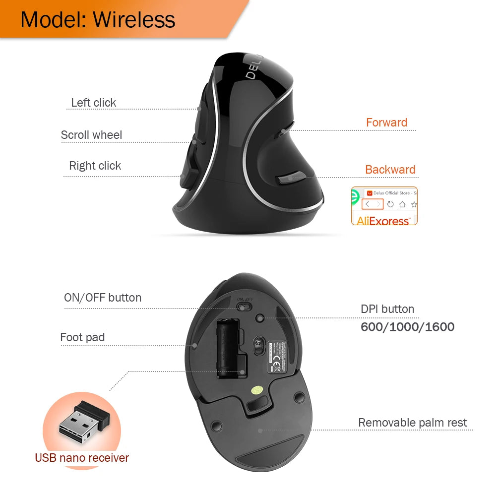 Delux M618 PLUS Ergonomics Vertical Gaming Mouse 6 Buttons 4000 DPI RGB Wired/Wireless Right Hand Mice for PC Laptop Computer