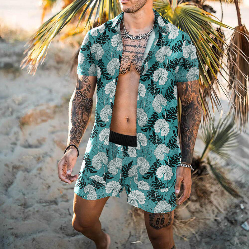 Summer Short Sleeve Shirt Suit Men Fashion Floral Print Hawaiian Shirts + Beach Shorts Casual Beach Clothing Sets Vetement Homme