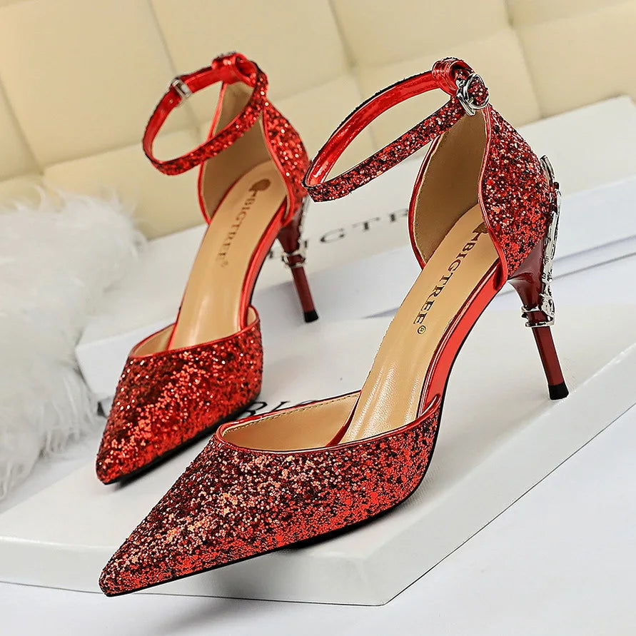 283-5 Luxurious Trendy Ladies Sandals Hollow Out Party Metal Heel Shiny Sequin Slip-On High Heel Sandals Wedding Shoes for Bride