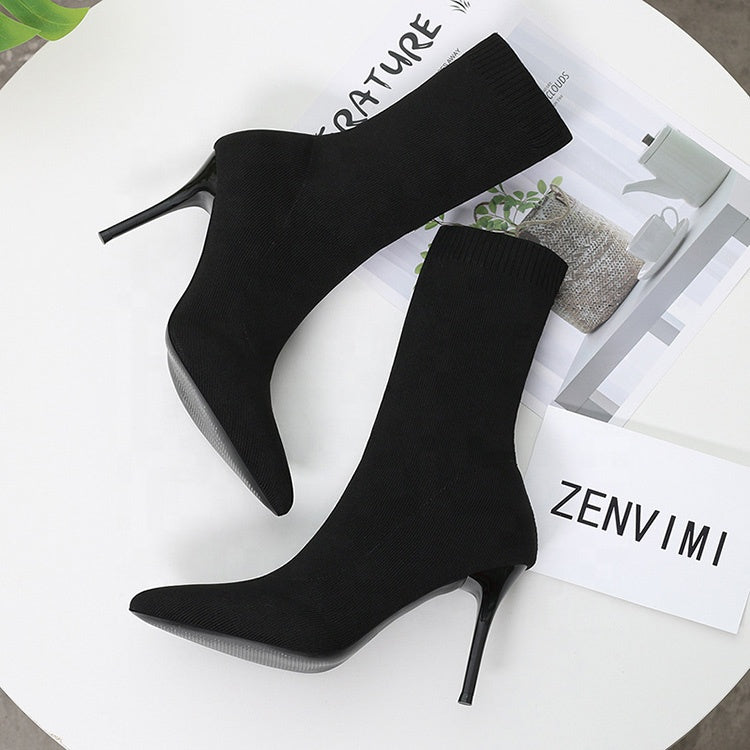 Winter Fashion Pointed Toe Elastic Sock Boots Women Sexy High Heel Ankle Boots