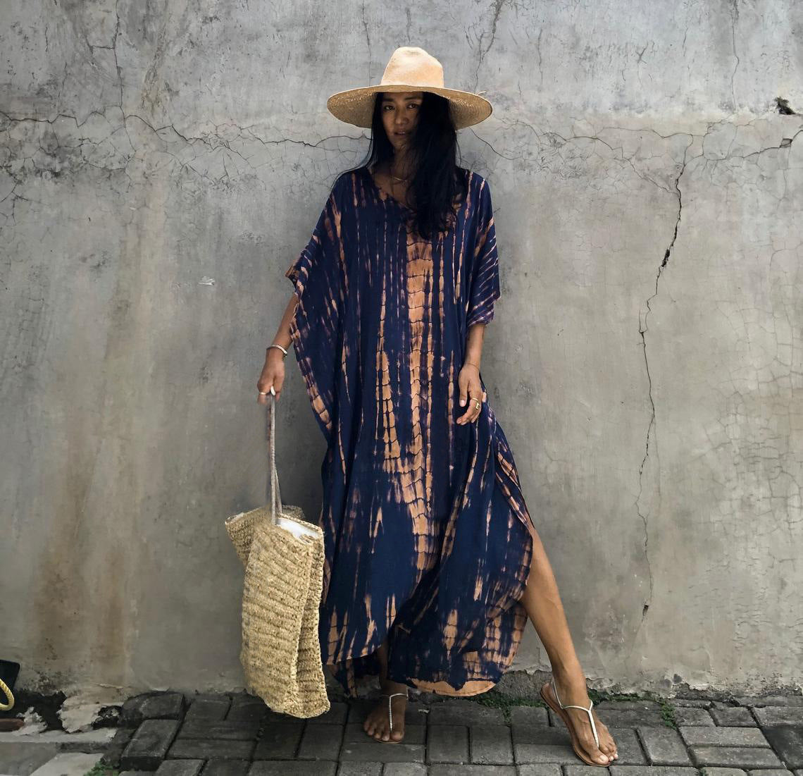 Wholesale Tie Dye Boho Kimono Beach Cover Up Cotton Sarong Beachwear Dress Ladies Kaftan