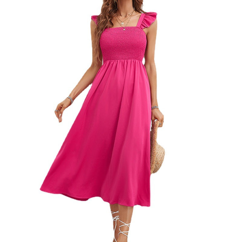 Sexy Sleeveless Pleated Midi Dress Women Casual Rose Red Square Collar Dresses