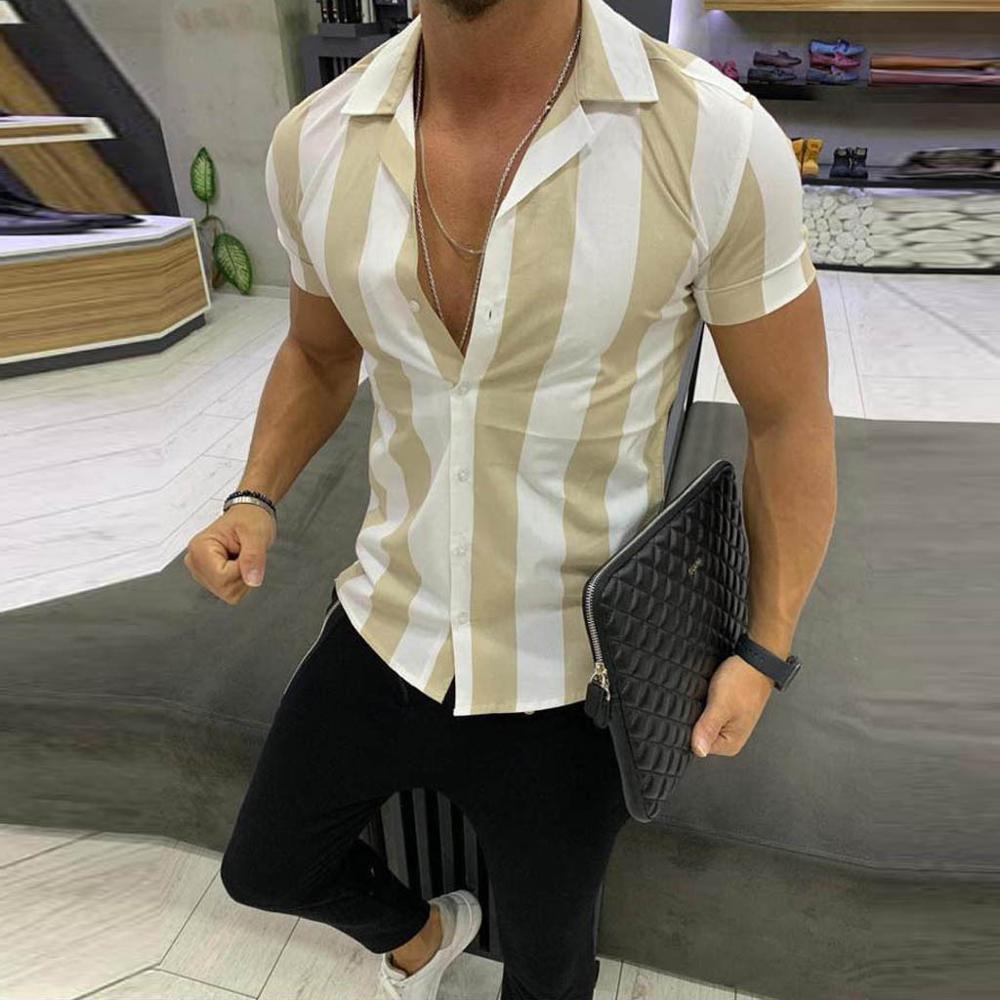 Men Fashion Shirts Casual Multicolor Striped Lapel Shirts Short-Sleeve Top Blouse Men Shirt Summer