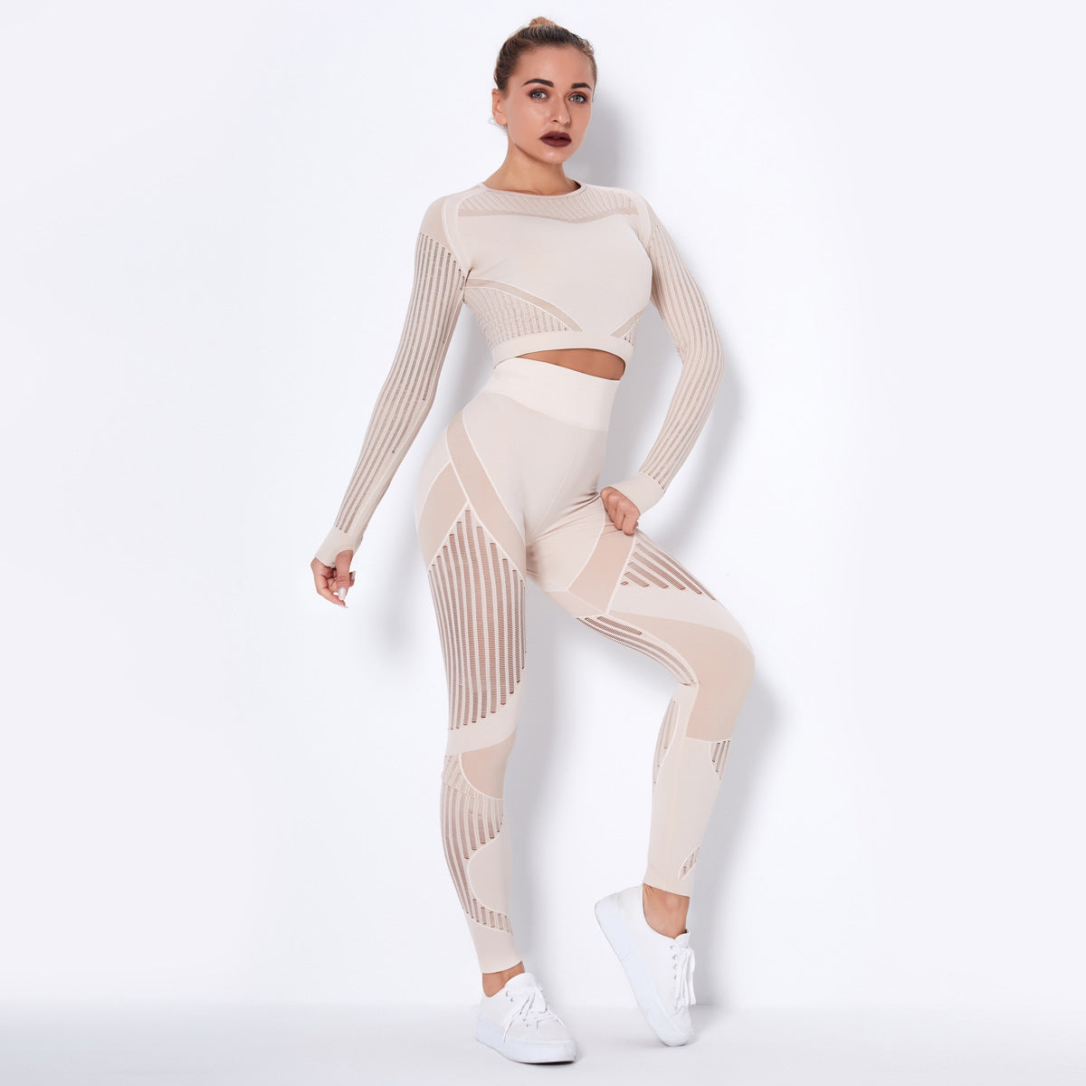 Women 2 Piece Yoga Sets Mesh Breathable Long Sleeve Gym Yoga Wear & Leggings Set Fitness Yoga Wear