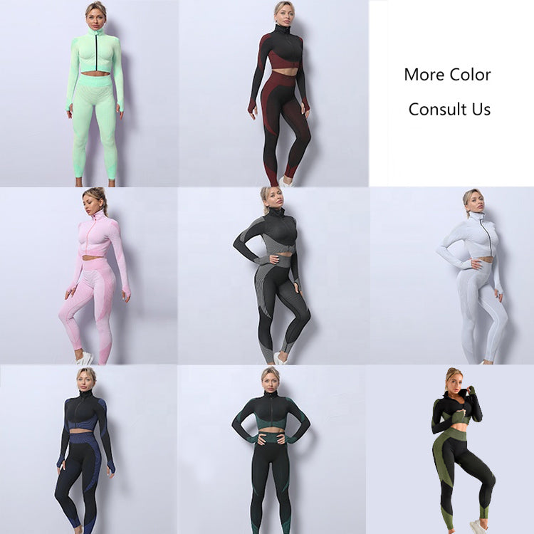 Women Activewear 3 Piece Crop Top Fitness Leggings Workout Bra Sports Jacket With Zipper Fitness Yoga Wear Sets for Ladies