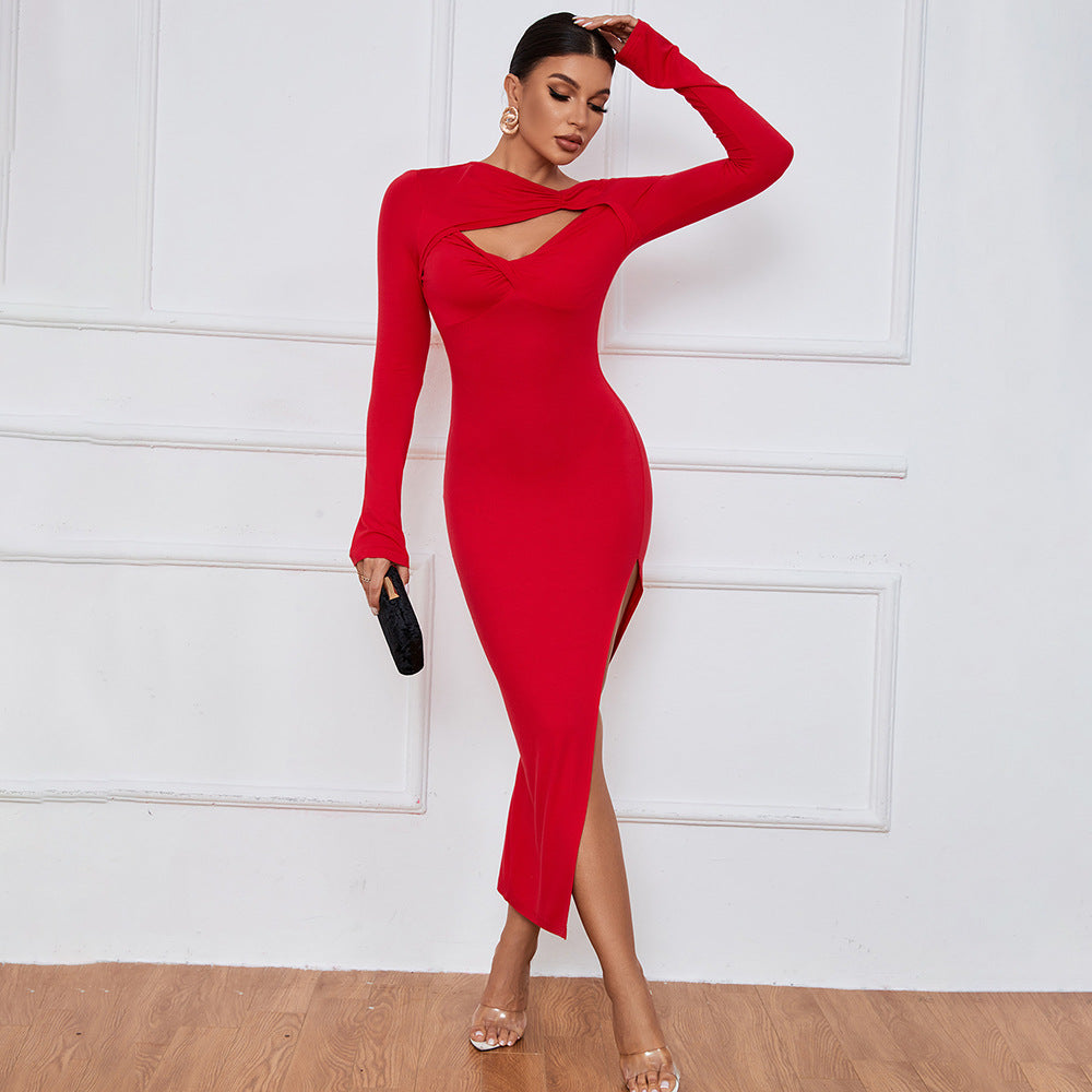 2022 Popular Women Long Skirts Slim Fit Hip Tight Skirt Sexy Slit Long Sleeve Dress