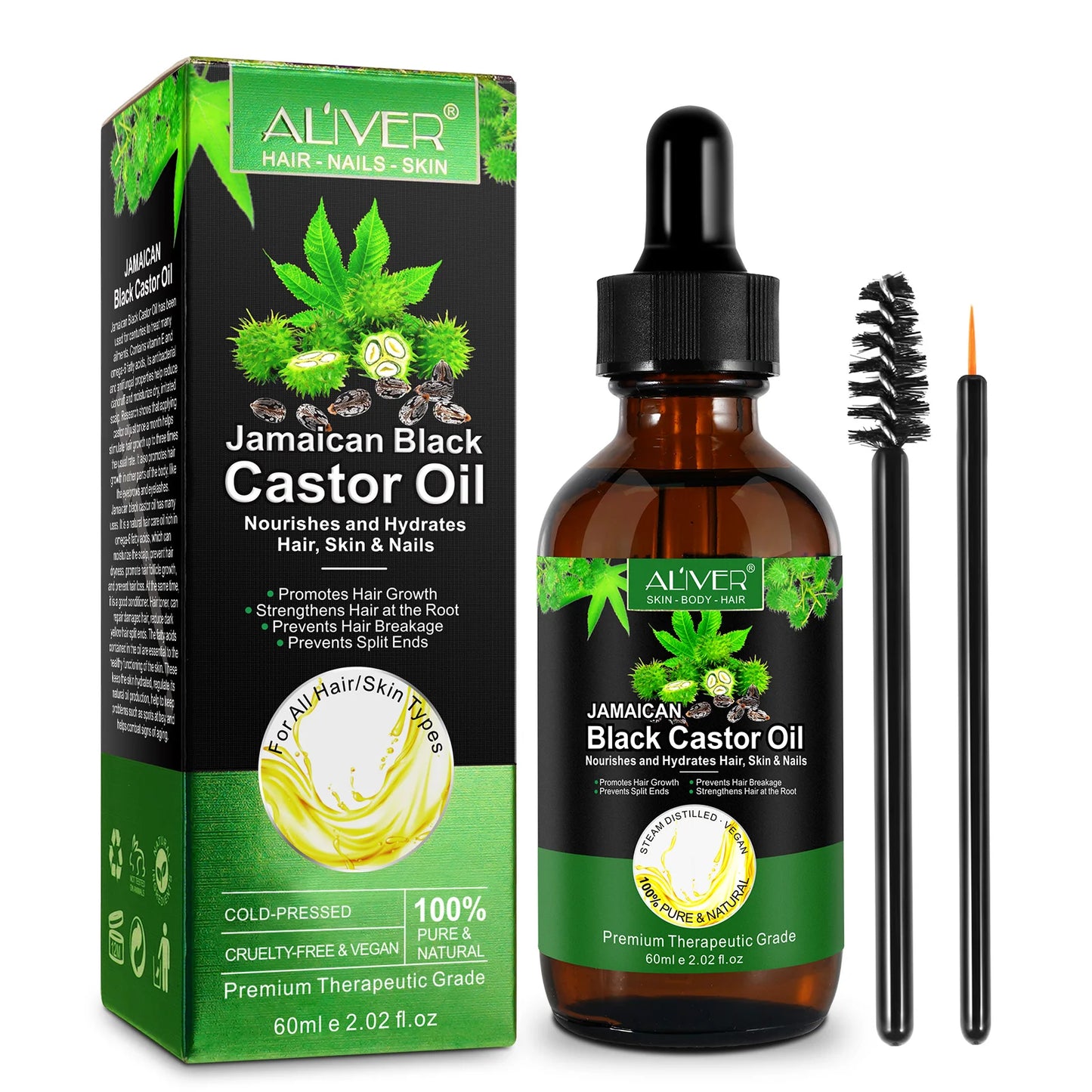 ALIVER 60Ml Pure Jamaican Black Castor Essential Oil Scalp Hair Strengthening Oil Infused Biotin and Encourages Growth Hair Oil