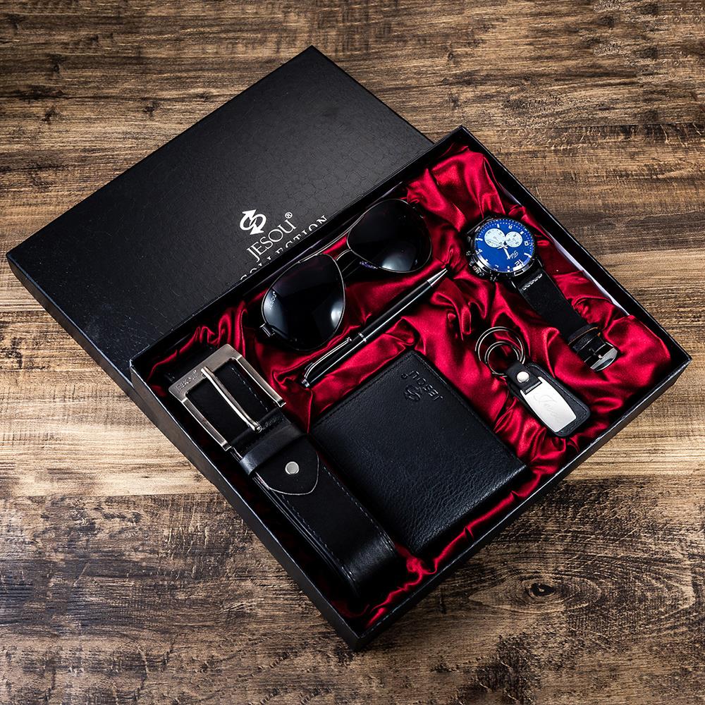Wholesale Popular Men's Gift Set Luxury Quartz Watch and Belt Wallet 6pcs/Set Male Clock Fashion Leather Wristwatch