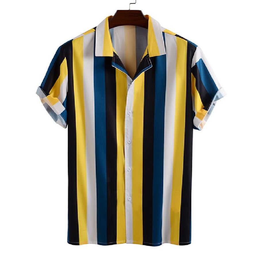 Summer Mens Shirt Top Casual Short Sleeve Hawaiian Shirts Stand Collar Strip Print Cool Thin Shirt Men