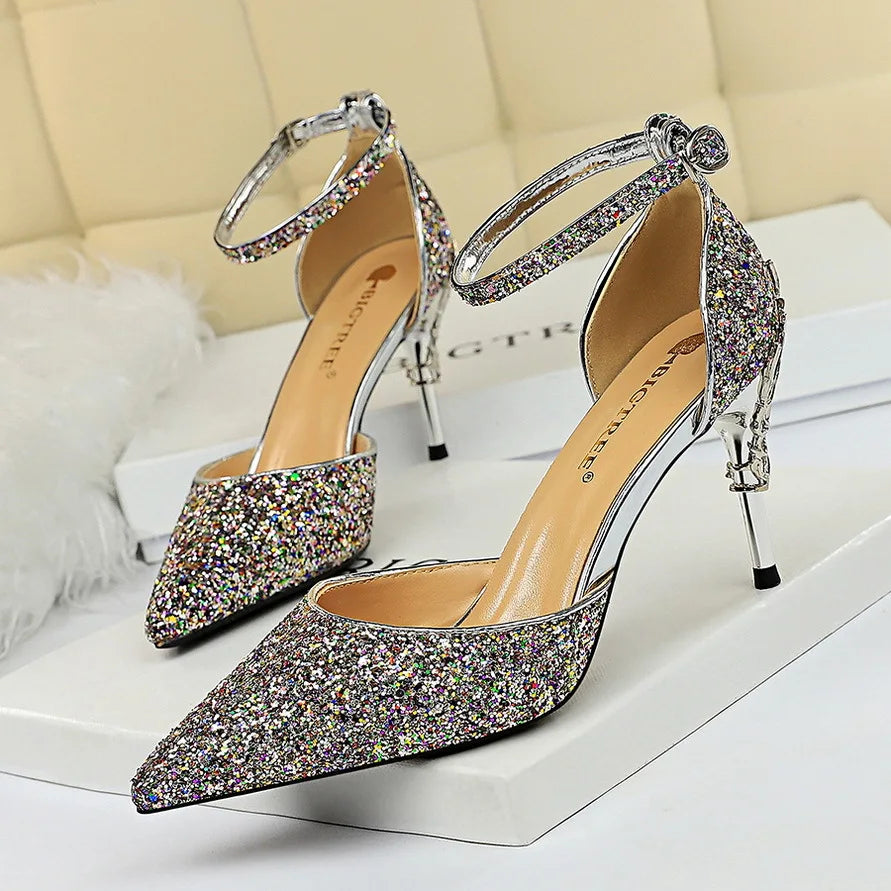 283-5 Luxurious Trendy Ladies Sandals Hollow Out Party Metal Heel Shiny Sequin Slip-On High Heel Sandals Wedding Shoes for Bride