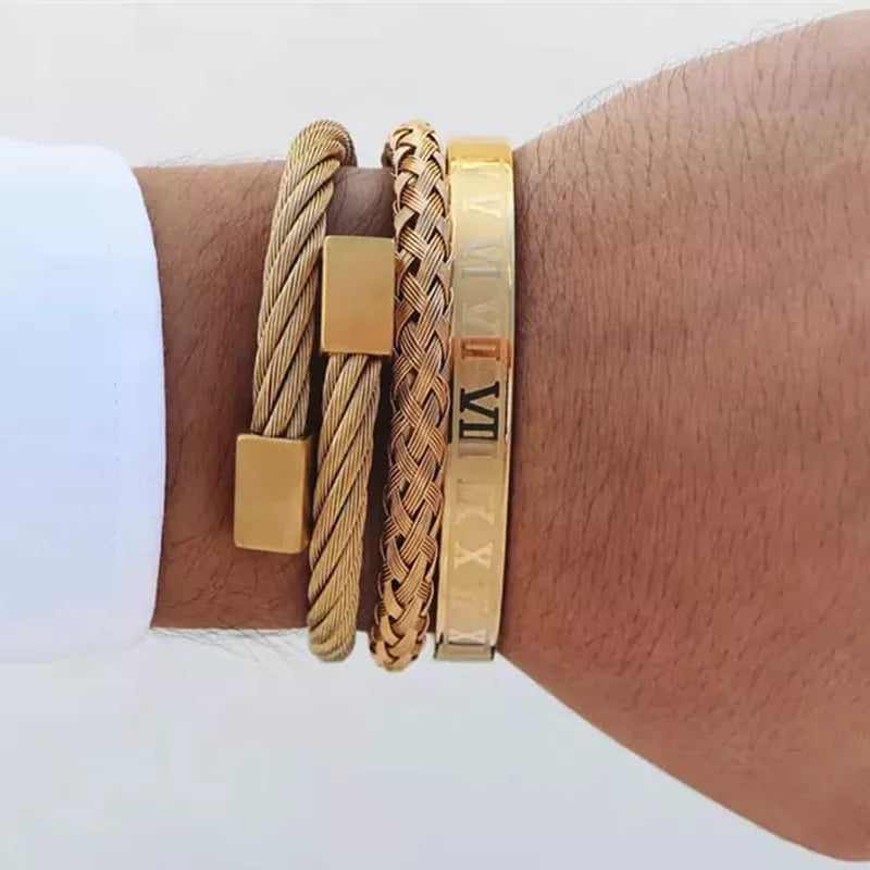 Luxury Roman Number Charm Woven Stainless Steel Bracelet Hip Hop Men Jewelry Gold Color Jewelry for  Men Pulseira Bileklik