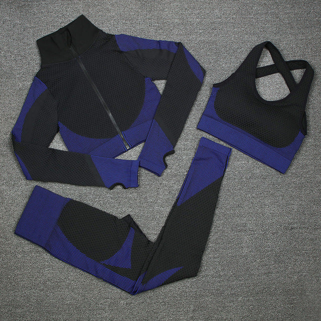 Women Activewear 3 Piece Crop Top Fitness Leggings Workout Bra Sports Jacket With Zipper Fitness Yoga Wear Sets for Ladies