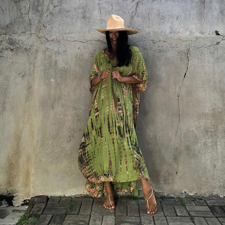 Wholesale Tie Dye Boho Kimono Beach Cover Up Cotton Sarong Beachwear Dress Ladies Kaftan
