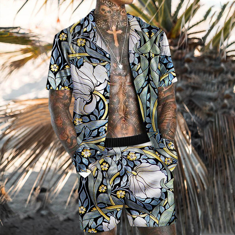Summer Short Sleeve Shirt Suit Men Fashion Floral Print Hawaiian Shirts + Beach Shorts Casual Beach Clothing Sets Vetement Homme