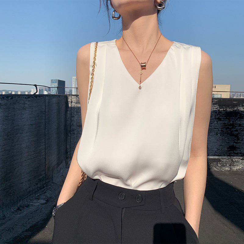 Formal Silk Blouses Elegant Women Solid Sleeveless Tank Luxury Tops Ladies Fashion White Satin Office Summer Blouses for Woman