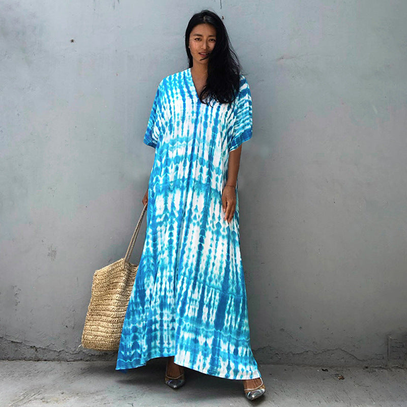 Wholesale Tie Dye Boho Kimono Beach Cover Up Cotton Sarong Beachwear Dress Ladies Kaftan