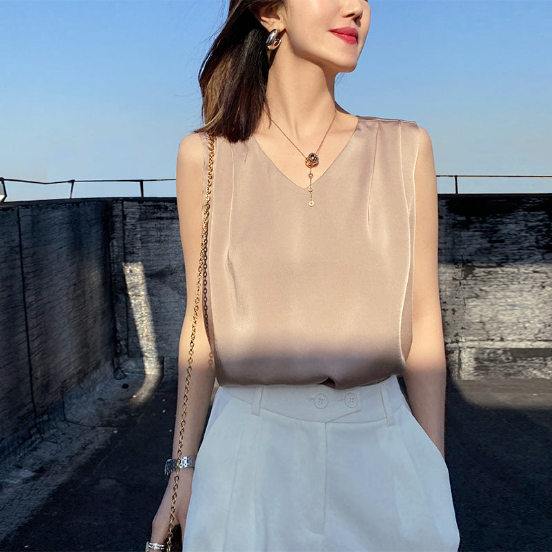 Formal Silk Blouses Elegant Women Solid Sleeveless Tank Luxury Tops Ladies Fashion White Satin Office Summer Blouses for Woman