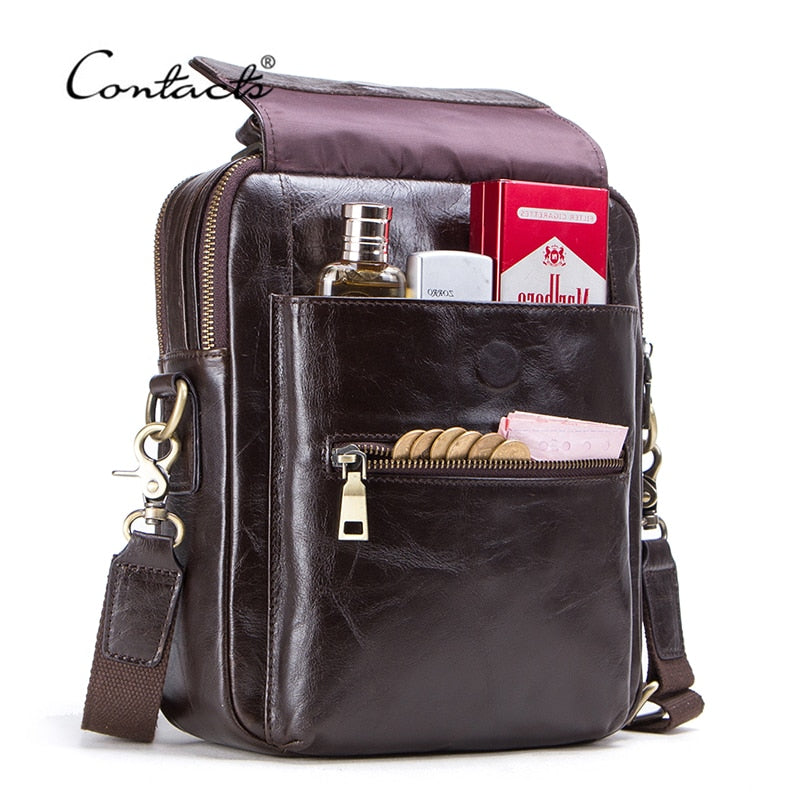 CONTACT'S New Genuine Leather Messenger Bag for Men Casual Shoulder Bags Male Flap Bag Luxury Brand Crossbody Bags for 9.7" Ipad