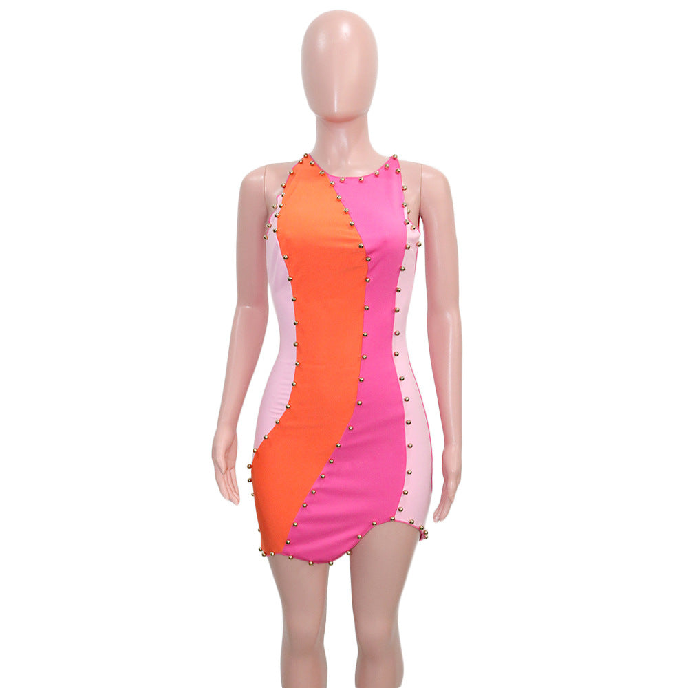 Woman Pencil Patchwork Dress Sexy Sleeveless Rivet Skinny Dress Fashion Clothing