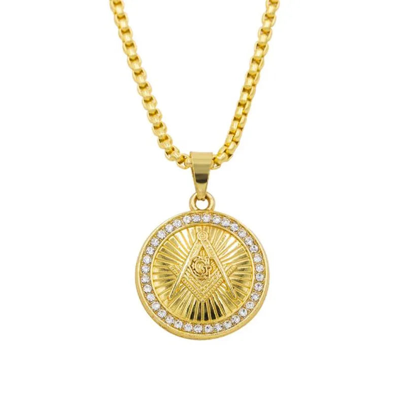 Men\'s Classic Punk Gold Plated Freemason Round Medal Pendant Necklace Hip Hop Style Rock Party Jewelry