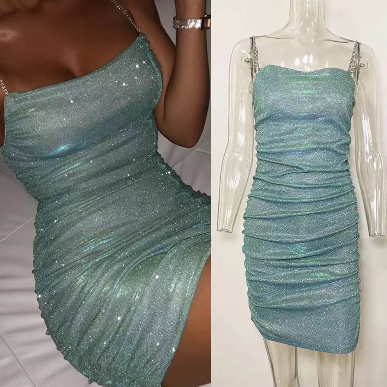 Women's Sparkle Mini Party Sequin Dress Sexy Sequin Glitter Spaghetti Straps Bandage Bodycon Mini Club Party Dress Drop Shipping