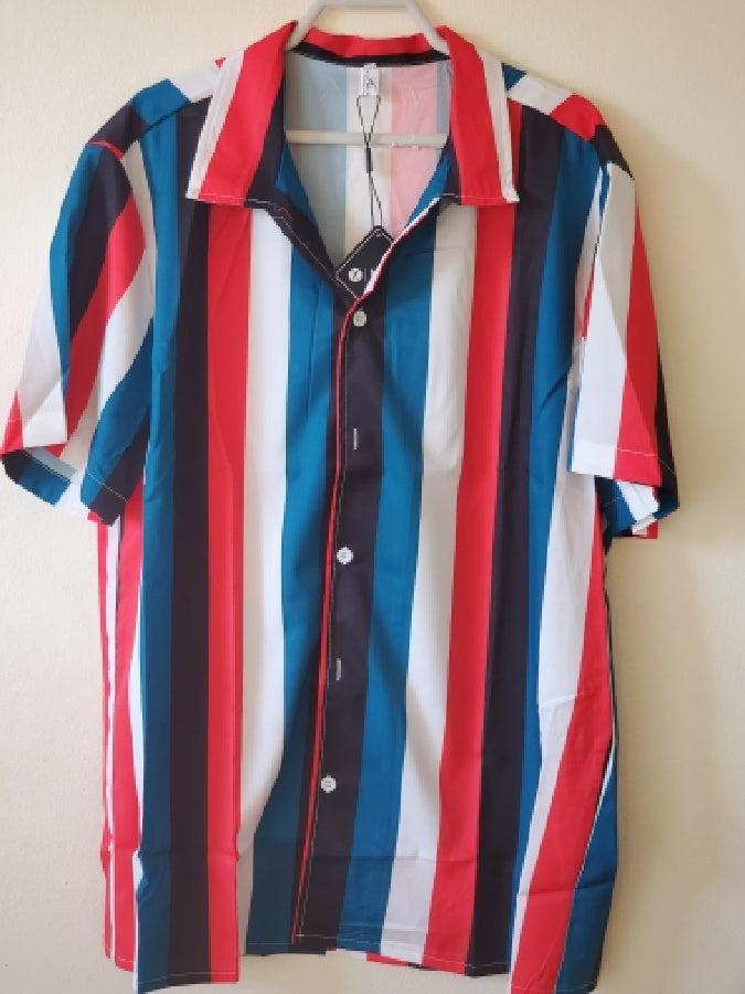Summer Mens Shirt Top Casual Short Sleeve Hawaiian Shirts Stand Collar Strip Print Cool Thin Shirt Men
