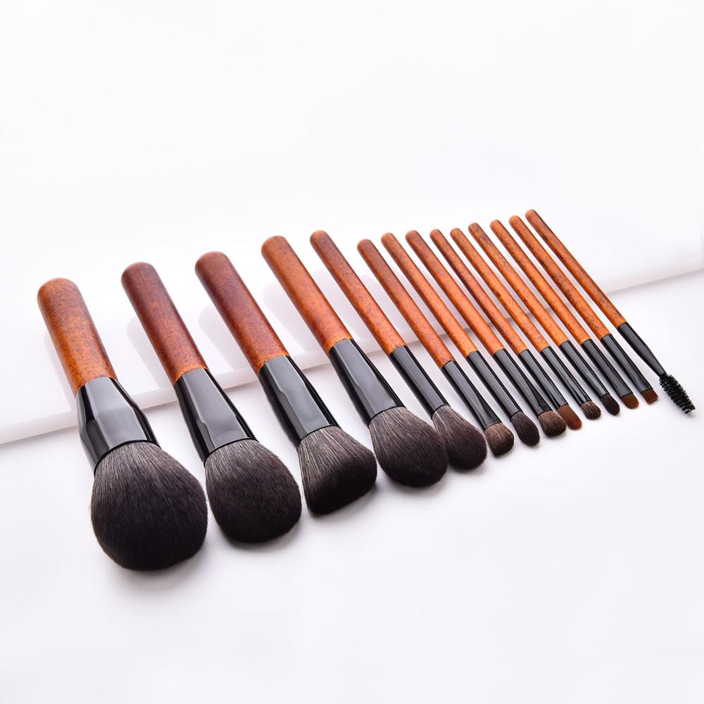 Free Sample Factory Wholesales 14pcs-Wooden Handle-Gloss Black Vegan Label Make Up Brushes Makeup