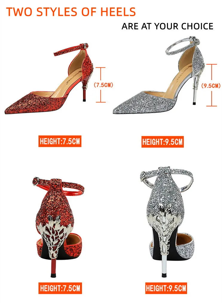 283-5 Luxurious Trendy Ladies Sandals Hollow Out Party Metal Heel Shiny Sequin Slip-On High Heel Sandals Wedding Shoes for Bride