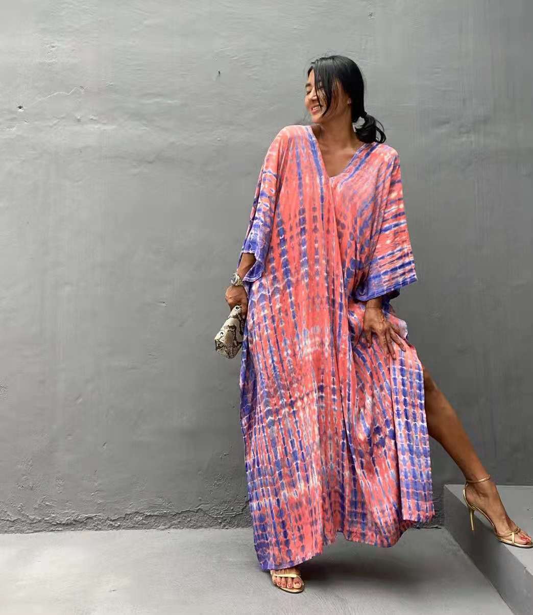 Wholesale Tie Dye Boho Kimono Beach Cover Up Cotton Sarong Beachwear Dress Ladies Kaftan