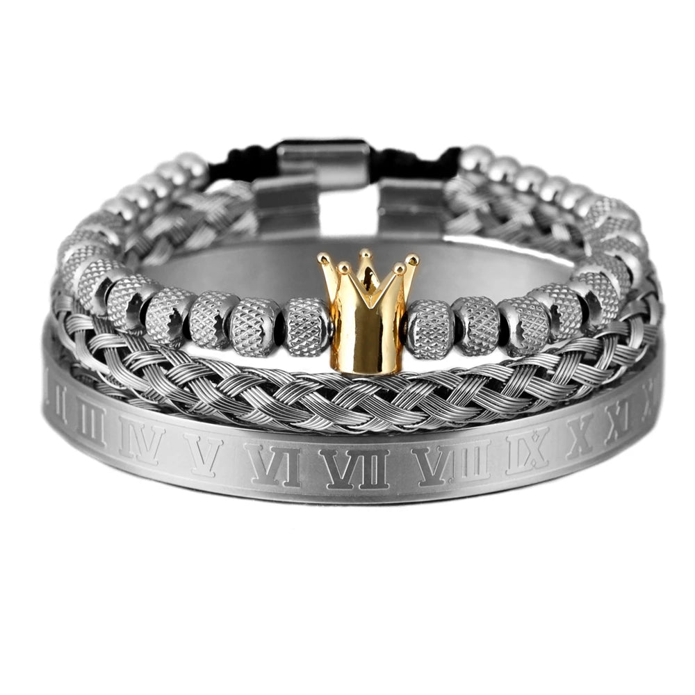 Luxury 3pcs/Set Stainless Steel Bracelet Hip Hop Men Jewelry Roman Number Charm Gold Color Jewelry for  Men Pulseira Bileklik