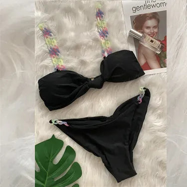 2023European and American Sexy Bikini Plain Female Split Strap Luxury Crystal Diamond Swimsuit Gold Accessories Swimwear CUT OUT
