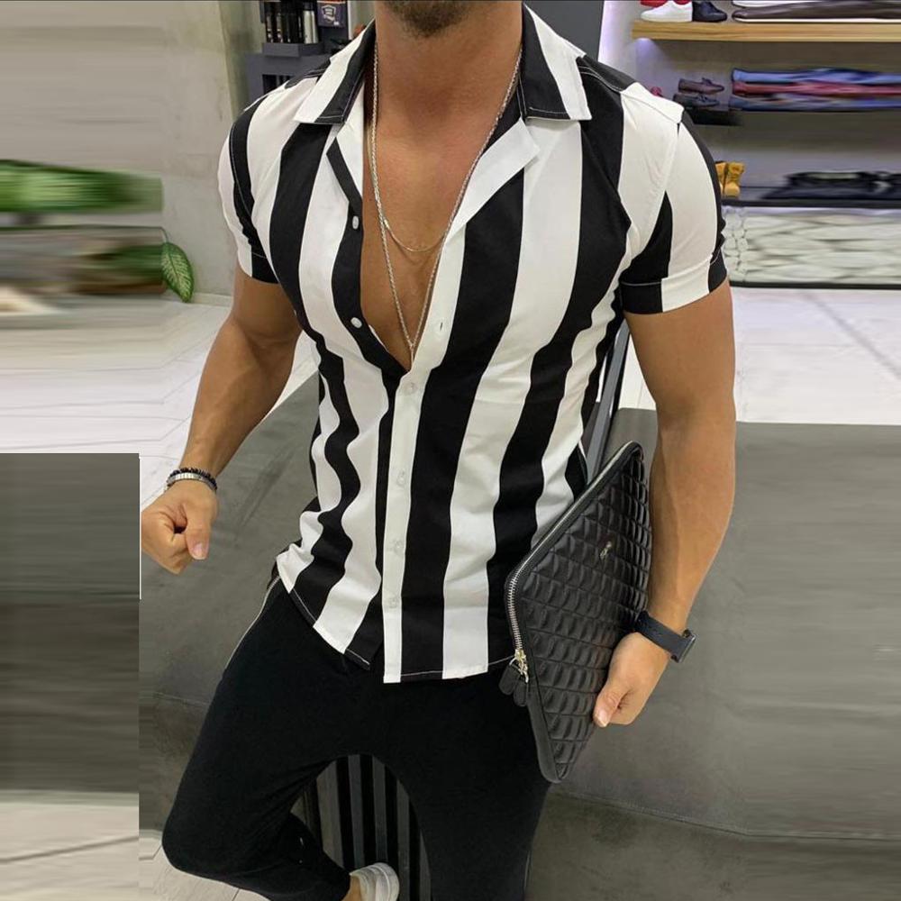 Men Fashion Shirts Casual Multicolor Striped Lapel Shirts Short-Sleeve Top Blouse Men Shirt Summer