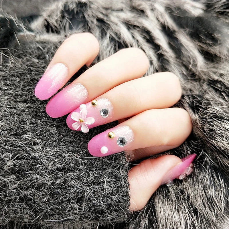 24pcs False Nails Floral Beads Decorated Artificial Nail Tips Bride Reusable Fingernails Fake Nail Press on Nail накладные ногти
