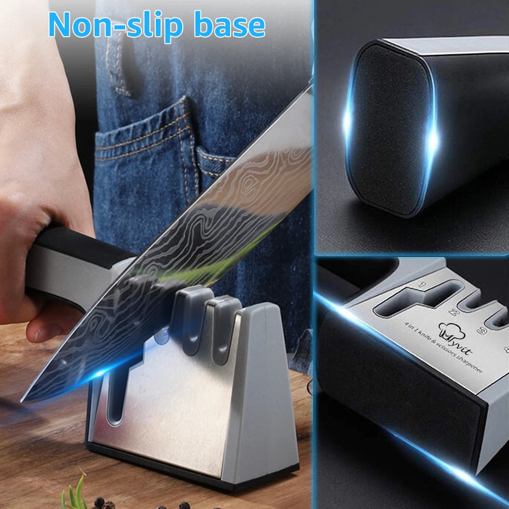 Knife Sharpener 4 in 1 Diamond Coated&Fine Rod Knife Shears and Scissors Sharpening Stone System Stainless Steel Blades