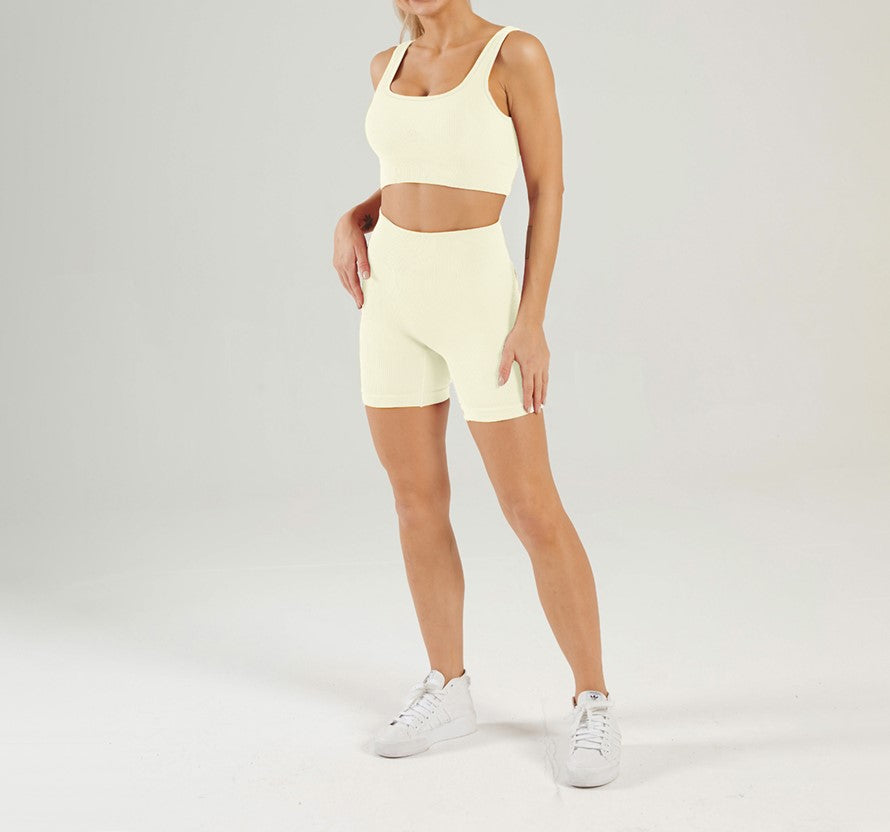 Women Seamless Active Wear Ribbed Fitness Gym Wear Square-Neck Bra Workout Shorts Two Pieces Yoga Set