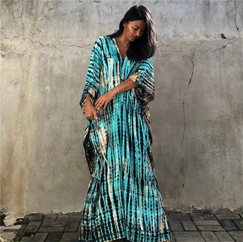 Wholesale Tie Dye Boho Kimono Beach Cover Up Cotton Sarong Beachwear Dress Ladies Kaftan