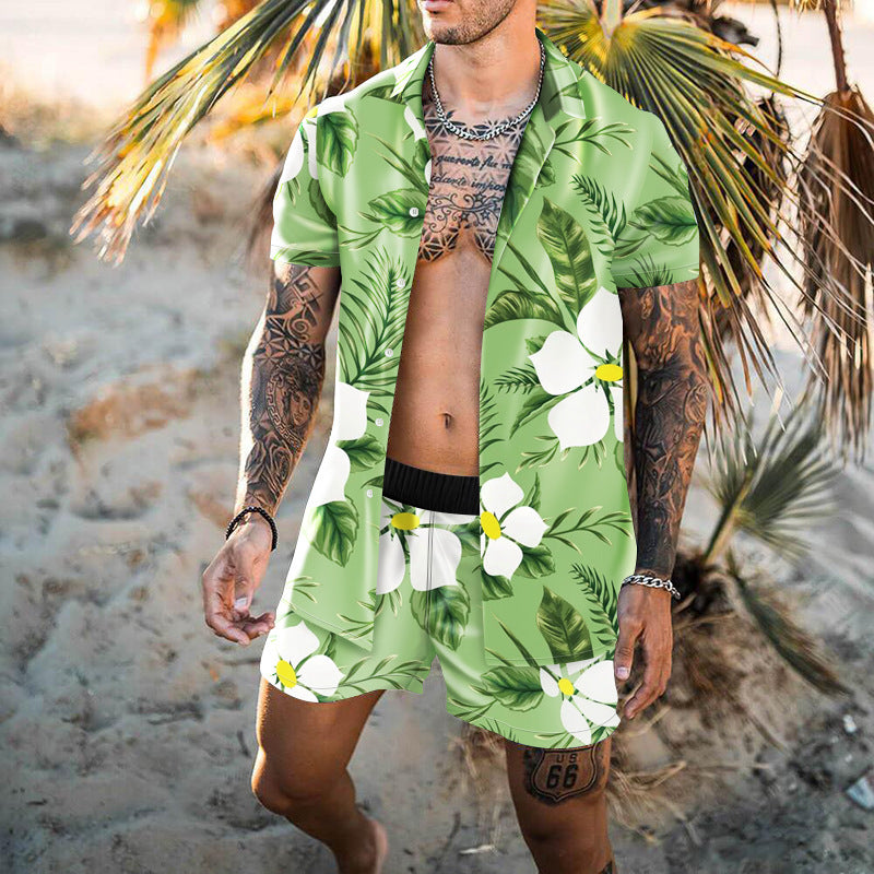 Summer Short Sleeve Shirt Suit Men Fashion Floral Print Hawaiian Shirts + Beach Shorts Casual Beach Clothing Sets Vetement Homme