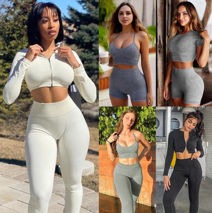 Sports Fitness & Yoga Wear Seamless Knitted Outdoor Workout Gym Fitness 5PCS Sets Long Sleeve Crop Top Bra Shorts Leggings