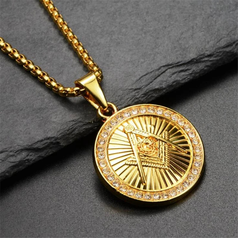 Men\'s Classic Punk Gold Plated Freemason Round Medal Pendant Necklace Hip Hop Style Rock Party Jewelry