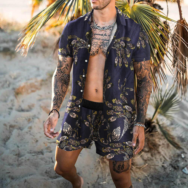 Summer Short Sleeve Shirt Suit Men Fashion Floral Print Hawaiian Shirts + Beach Shorts Casual Beach Clothing Sets Vetement Homme