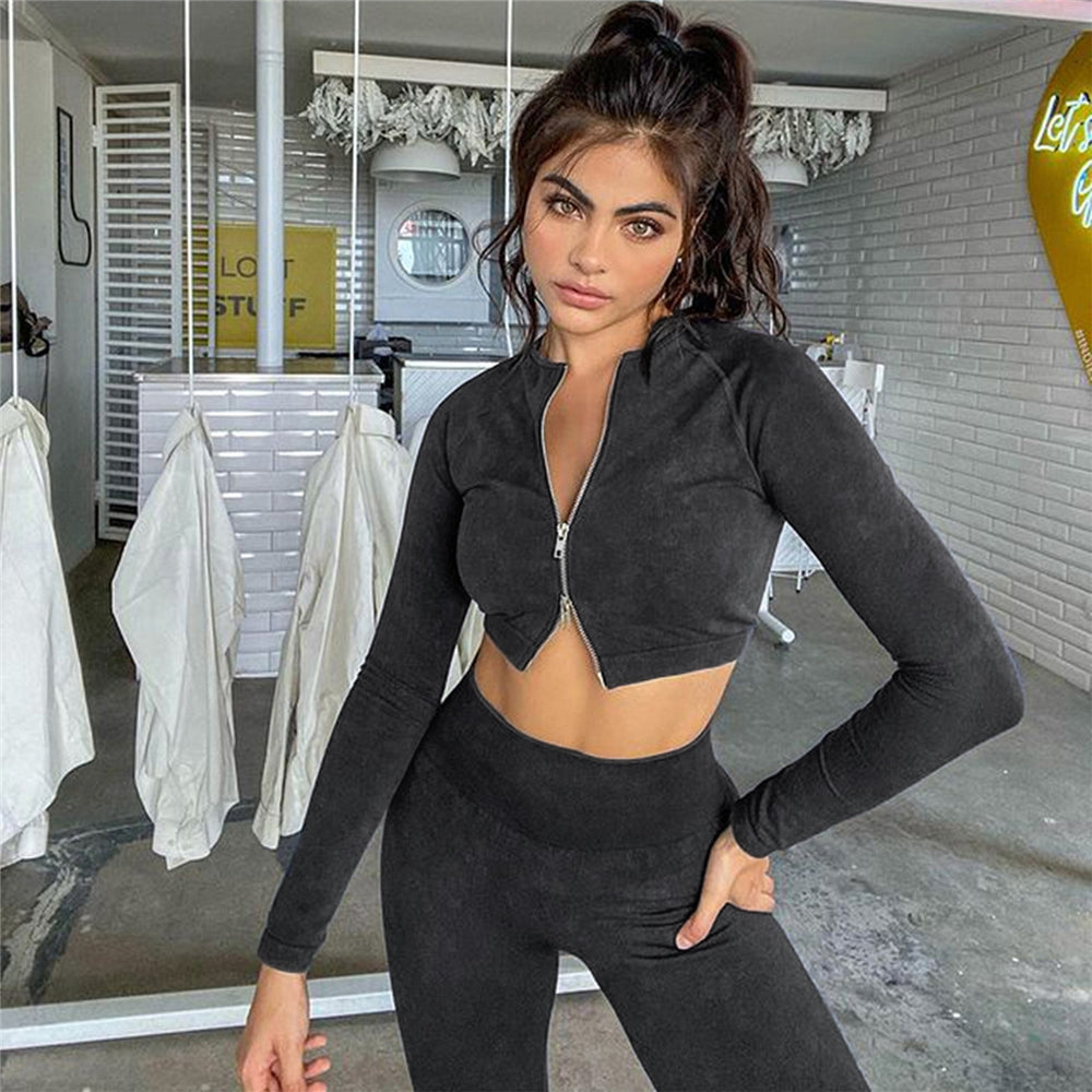 Sports Fitness & Yoga Wear Seamless Knitted Outdoor Workout Gym Fitness 5PCS Sets Long Sleeve Crop Top Bra Shorts Leggings
