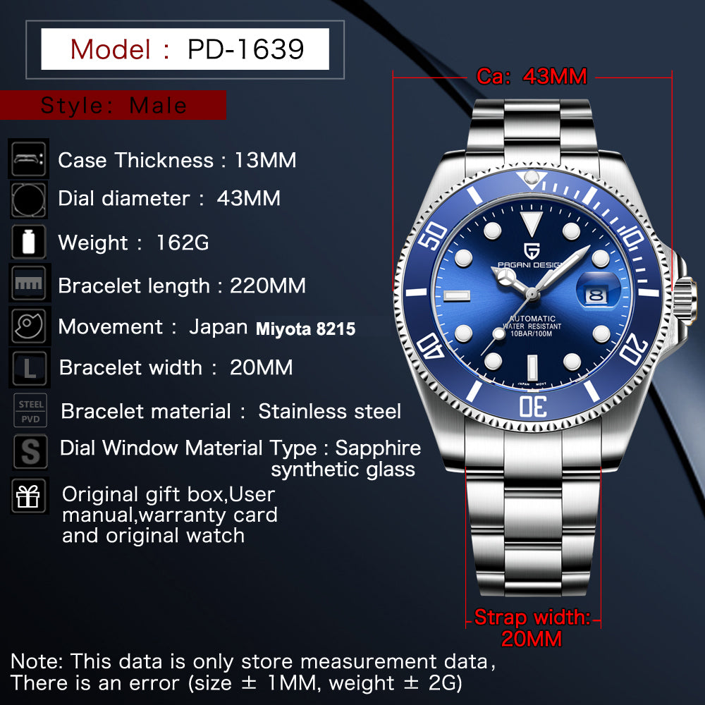 Pagani Design 1639 Automatic Movement 8215 Custom Logo Men's Wrist Watches Luxury Brand Men Mechanical Watch