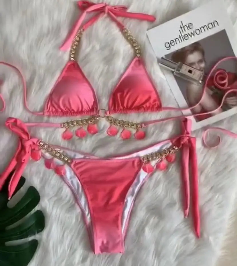 2023European and American Sexy Bikini Plain Female Split Strap Luxury Crystal Diamond Swimsuit Gold Accessories Swimwear CUT OUT