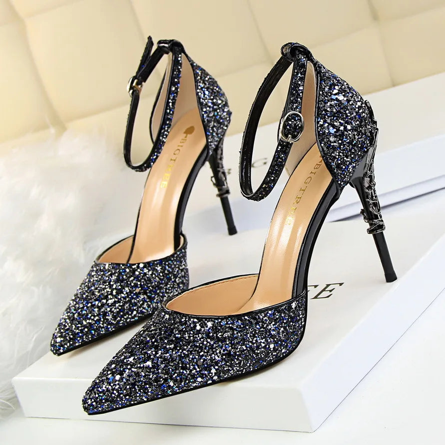 283-5 Luxurious Trendy Ladies Sandals Hollow Out Party Metal Heel Shiny Sequin Slip-On High Heel Sandals Wedding Shoes for Bride