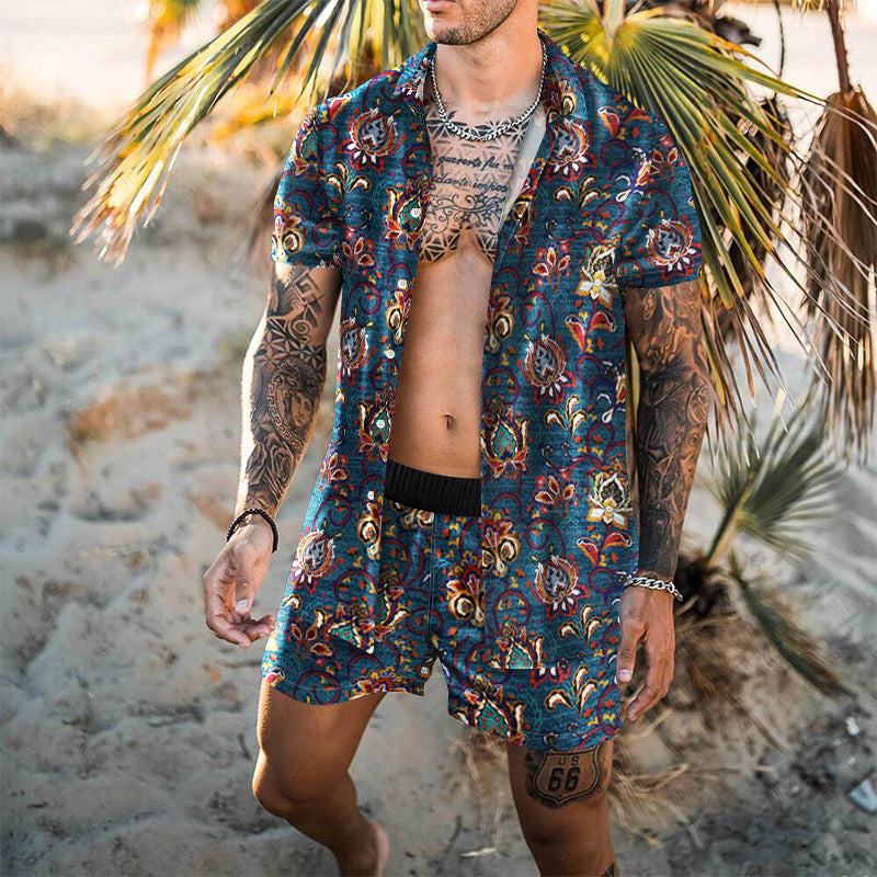 Summer Short Sleeve Shirt Suit Men Fashion Floral Print Hawaiian Shirts + Beach Shorts Casual Beach Clothing Sets Vetement Homme